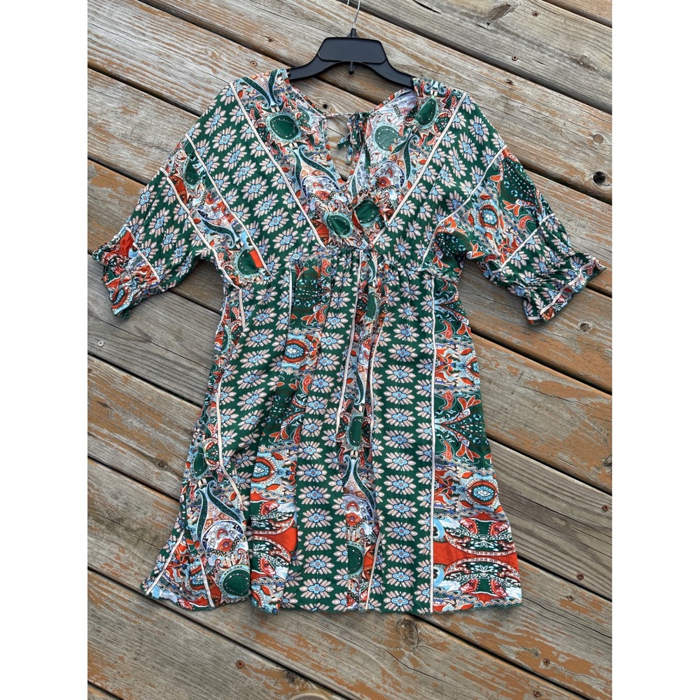 Boho Green Paisley Floral V-Neck Empire Waist Mini Dress Short Ruffle Sleeve M